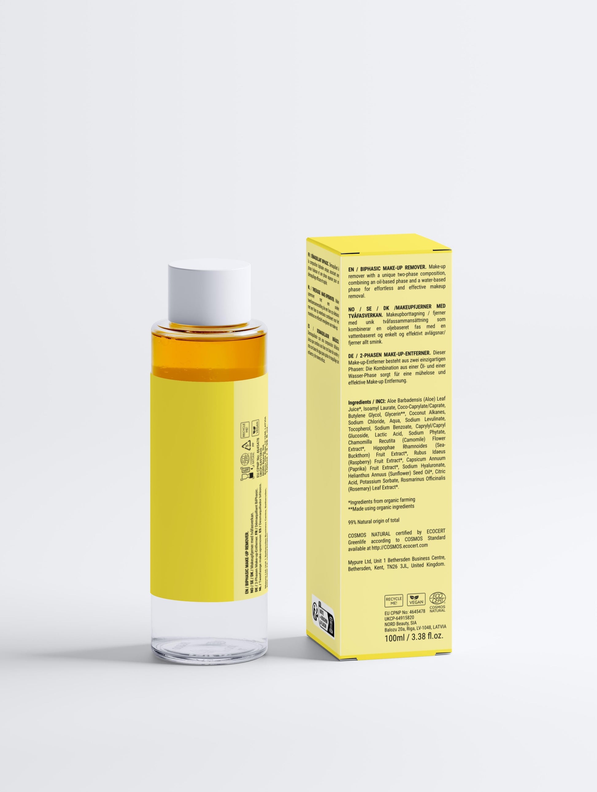 BiPhasic Make-Up Remover bottle with its dual-phase formula, showcasing the separation of oil and water layers against a clean background